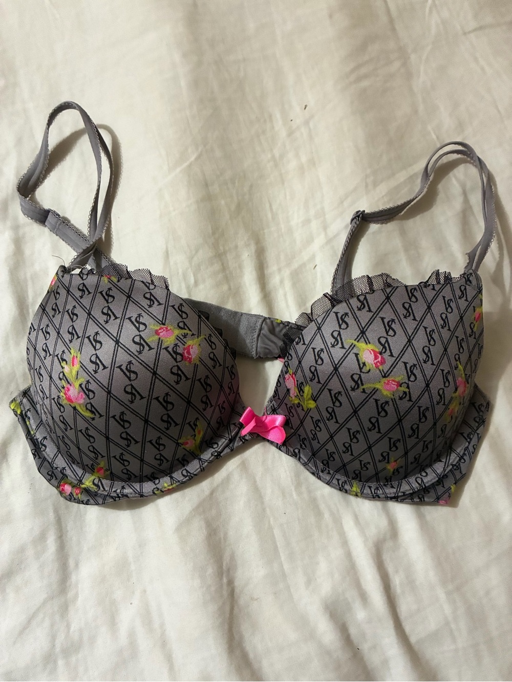 Victoria's Secret Grey Floral Logo Padded Bra with Pink Bow